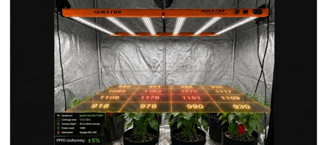 PPFD heatmap under an Ignator HeroLED T720W LED bar showing light distribution across an indoor grow